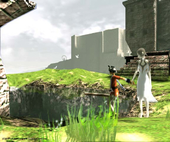 Ico holds Yorda's hand to guide her through the castle garden