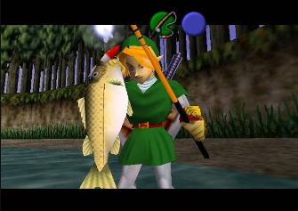 Link catches a fish (Zelda: Ocarina of Time Screenshot)