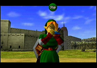 Adult Link plays the Ocarina (Zelda: Ocarina of Time Screenshot)
