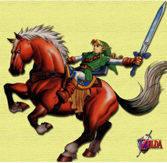 Link rides Epona. Zelda: Ocarina of Time artwork