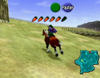 Link riding Epona (Zelda: Ocarina of Time screenshot)