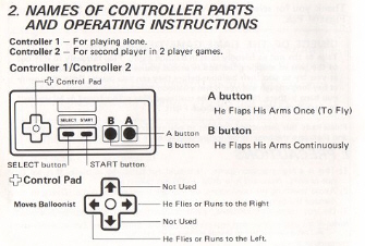 Balloon Fight NES Instruction Manuel Controls