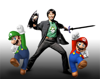 Shigeru Miyamoto (as Link from Zelda) with Mario & Luigi