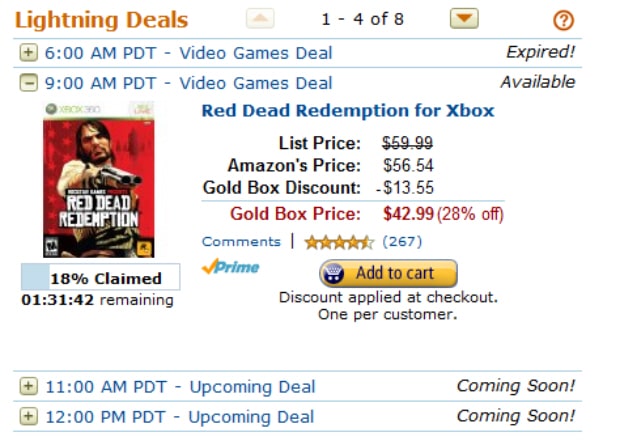 Amazon Gold Box Xbox 360 Lightning Deals Red Dead Redemption on sale for $40