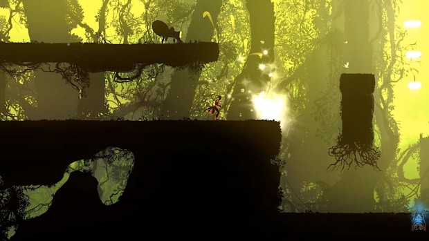 Outland screenshot. Ikaruga meets Prince of Persia in beautiful, lush 2D