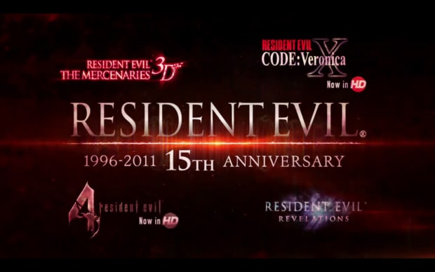 Resident Evil 15th Anniversary celebration. Upcoming games include Mercenaries 3D, Revelations on 3DS and Resident Evil 4 and Code Veronica HD