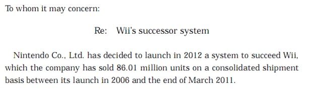 Wii 2 confirmed via Nintendo memo posted by company. Will be shown at E3 2011