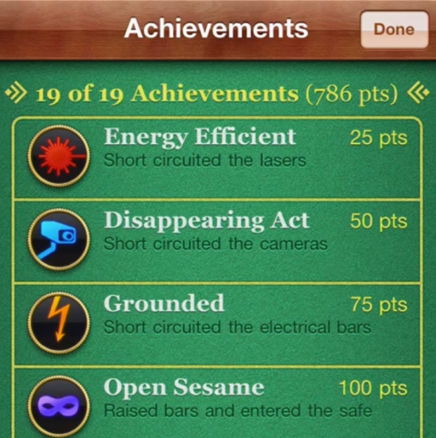 The list of Game Center Achievements for The Heist