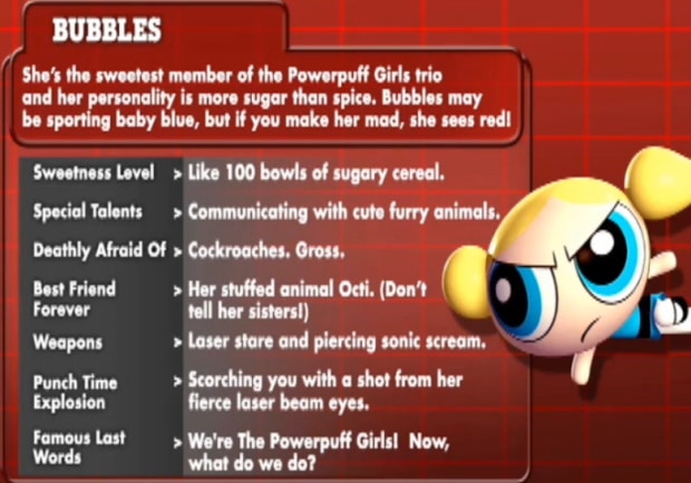 Bubbles from Powerpuff Girls is highlighted in this character bio for Cartoon Network: Punch Time Explosion