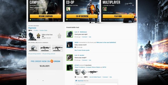 Battlelog screenshot of the social networking feature of Battlefield 3