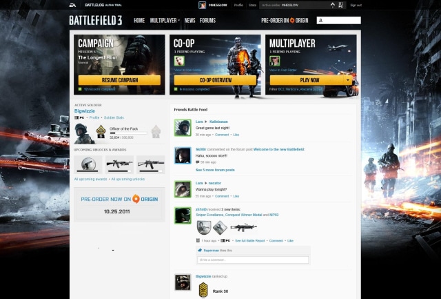 Battlelog screenshot of the social networking feature of Battlefield 3