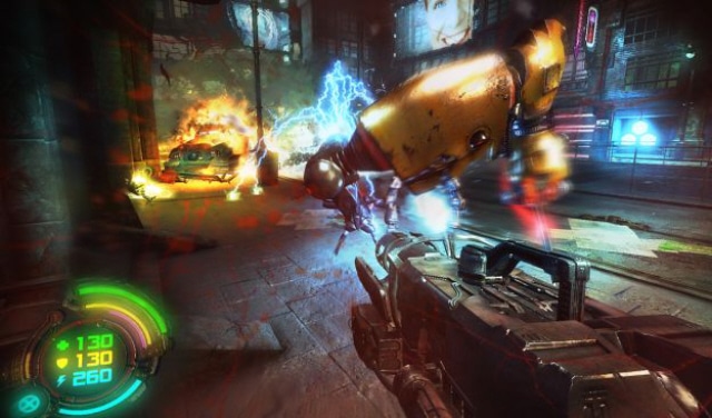 Gameplay screenshot showing neon city and robots in Hard Reset for PC.