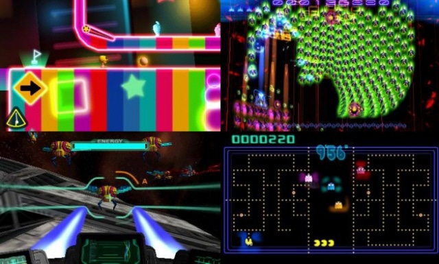 Screenshots of (from upper-left): Pac-Man Tilt, Galaga Legions, Galaga 3D Impact and Pac-Man Championship Edition. All collected in Pac-Man & Galaga Dimensions for 3DS