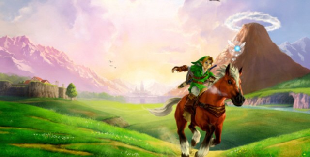 Ocarina of Time 3DS review artwork. Link rides Epona through Hyrule Field!