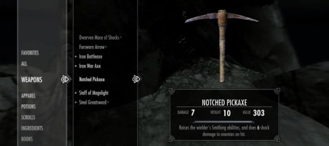 Skyrim Easter Eggs Screenshot of Notched Pickaxe