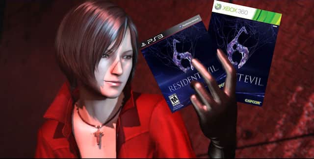 Resident Evil 6 game boxes held by Ada Wong