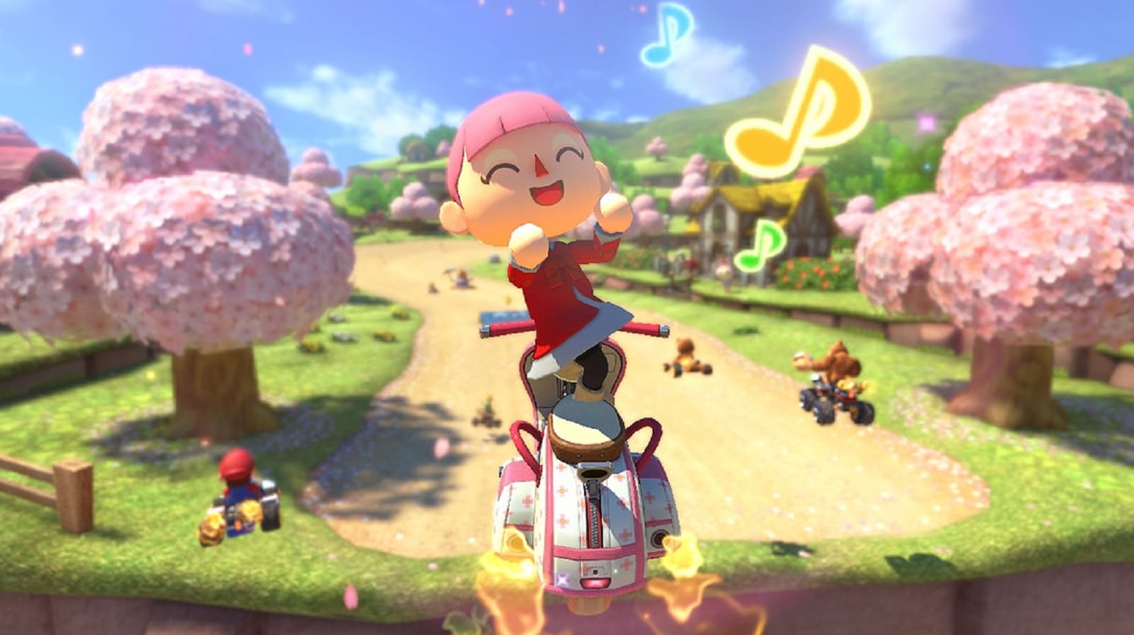 Mario Kart 8 Animal Crossing Gameplay Screenshot Cherry Blossoms and Music Notes Wii U