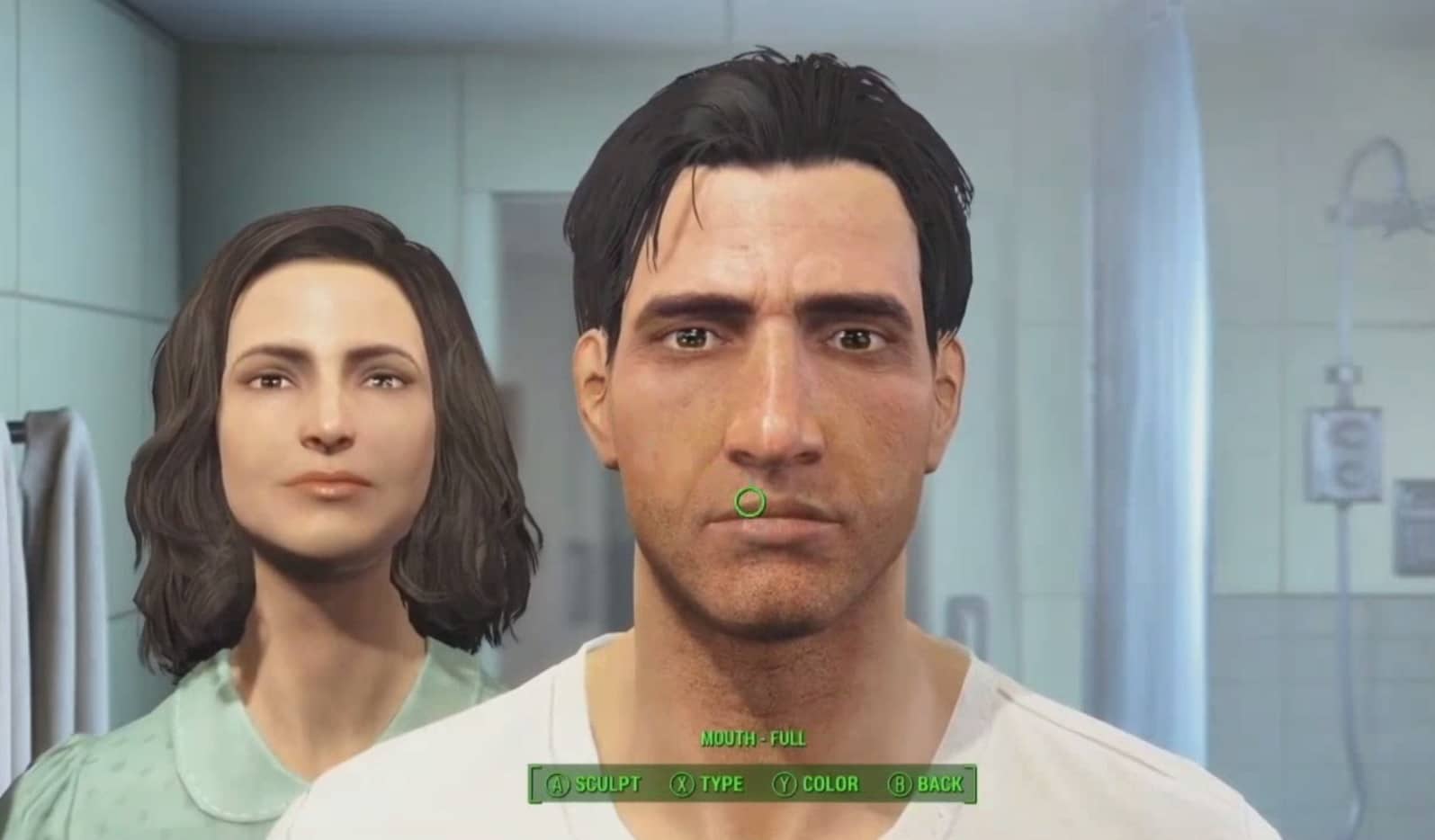 Fallout 4 Character Customization Face Scultping With Wife In Bathroom Mirror Xbox One, PS4, PC Gameplay Screenshot