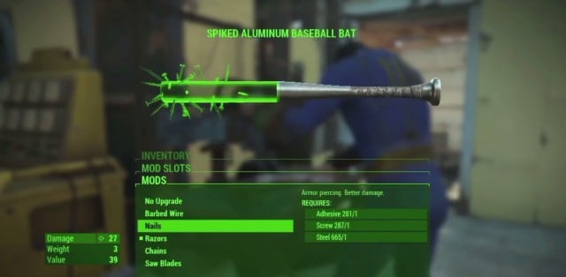 Fallout 4 Weapon Crafting Spiked Aluminum Baesball Bat Xbox One PS4 PC Gameplay Screenshot