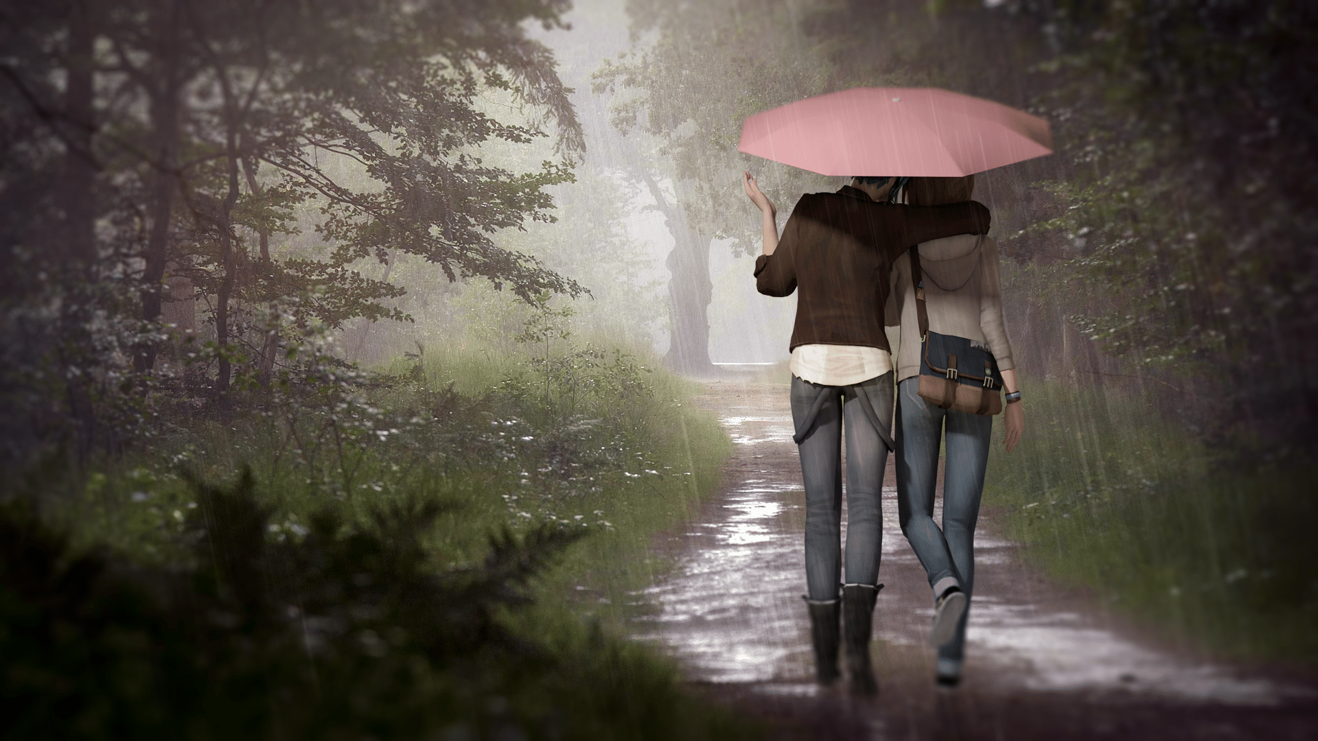 Life is Strange Fanart Chloe Max Walk in the Rain Pink Umbrella by Mary-0-o