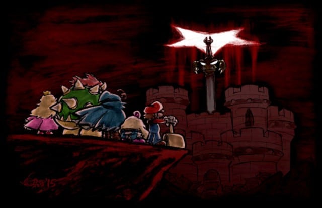 Super Mario RPG Cast Fight Exor Sword At Bowsers Castle Geno Mallow Peach
