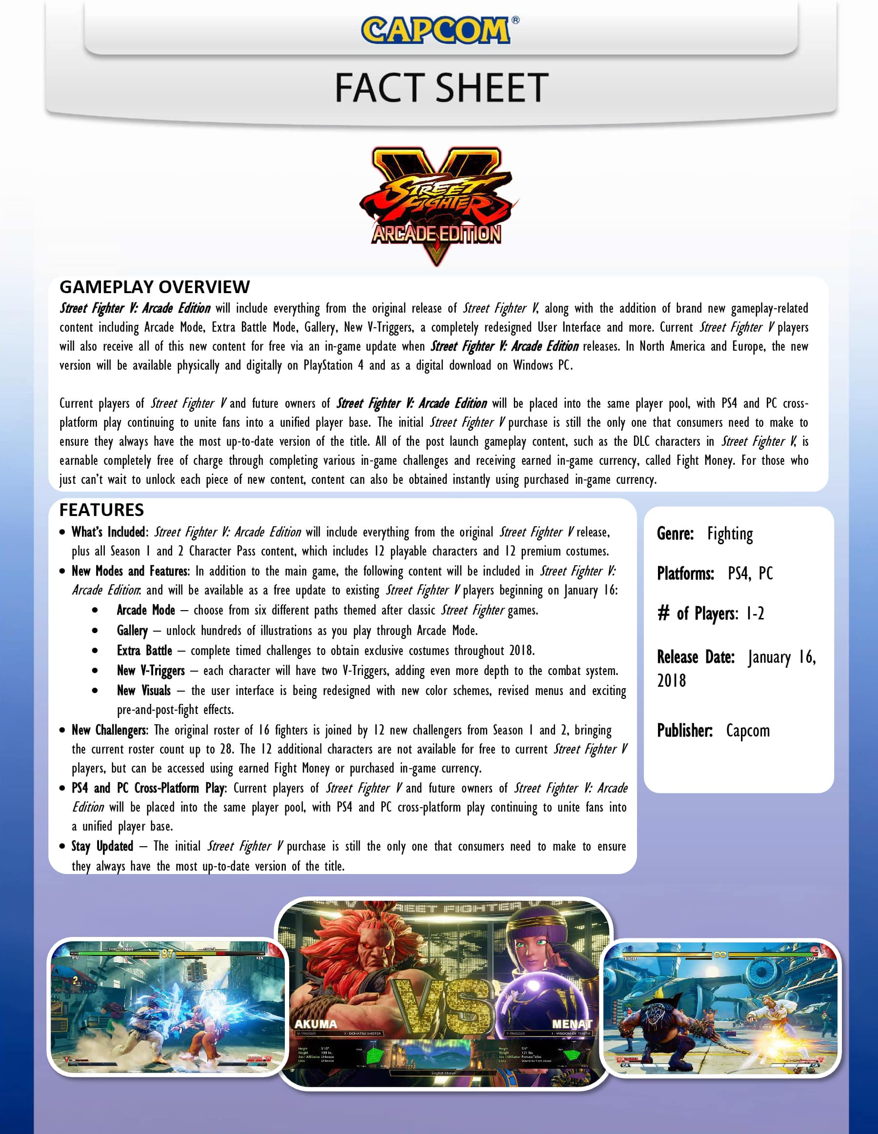 Street Fighter V Arcade Edition Fact Sheet