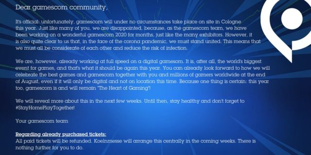 Official statement regarding Gamescom 2020