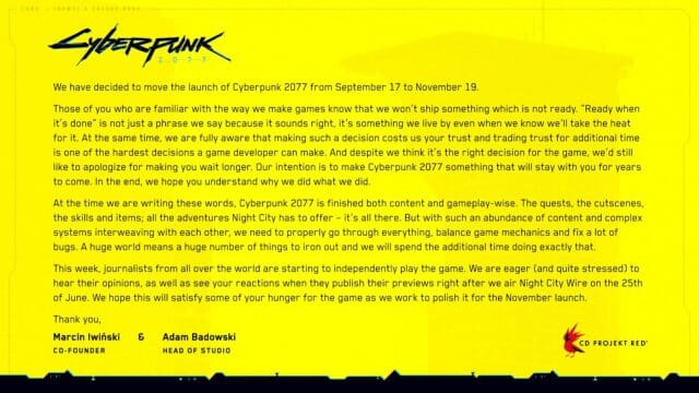 Cyberpunk 2077 Delayed to November 19